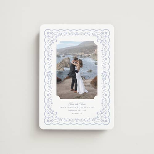 This is a something blue save the date magnets with standard by Erin L. Wilson called tillie printing on magnet paper in magnet