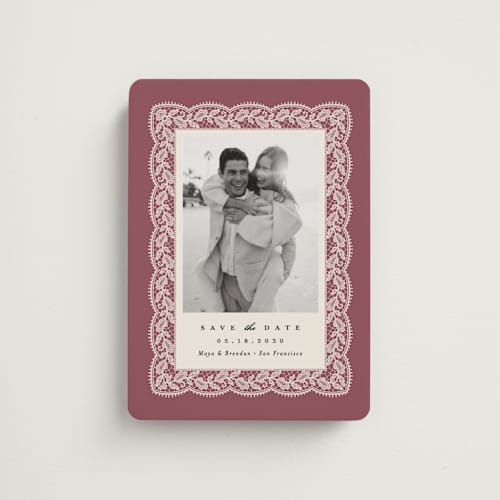 This is a mauve save the date magnets with standard by Erica Krystek called chantilly printing on magnet paper in magnet