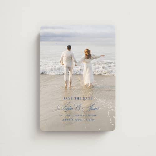This is a blue mist save the date magnets with standard by Design Lotus called amalfi blue printing on magnet paper in magnet
