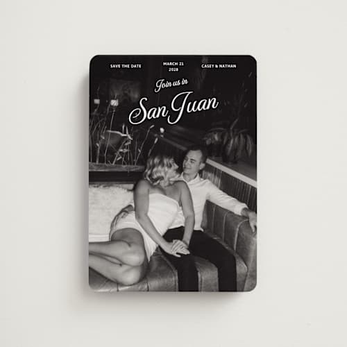 This is a snow save the date magnets with standard by Inkblot Design called vintage trip printing on magnet paper in magnet