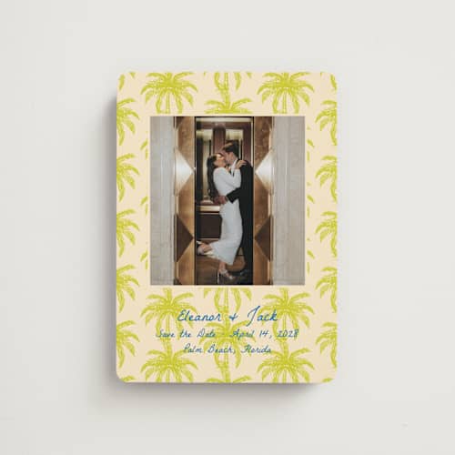 This is a limon save the date magnets with standard by Megan Davis called palm beach printing on magnet paper in magnet