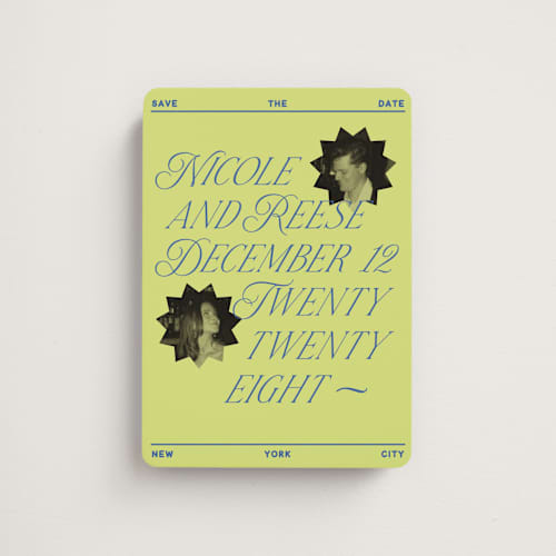 This is a chartreuse save the date magnets with standard by Jennifer Lew called communiqué printing on magnet paper in magnet