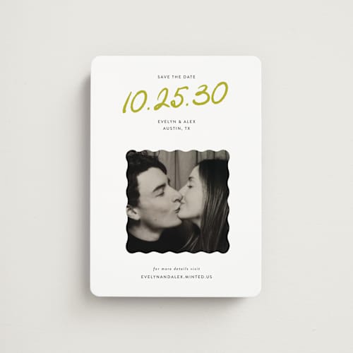 This is a chartreuse save the date magnets with standard by Sarah Brown called cascade printing on magnet paper in magnet