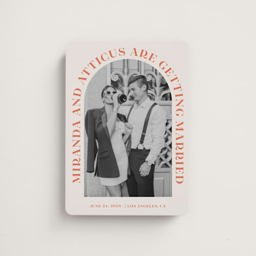 This is a persimmon save the date magnets with standard by Sarah Cohn called surrounding printing on magnet paper in magnet