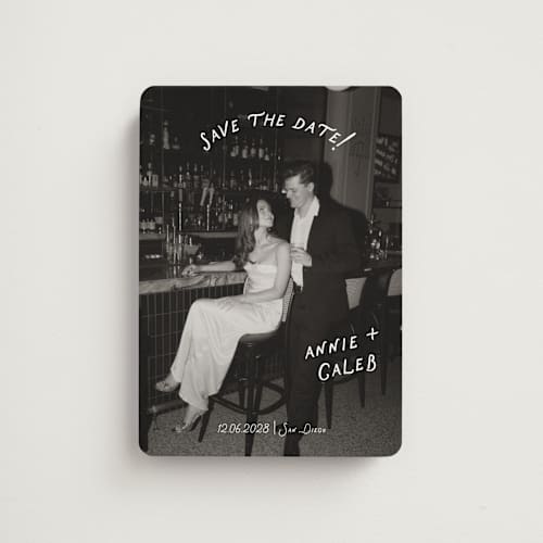 This is a ivory save the date magnets with standard by Stephanie Heinrich Godbout called lovers printing on magnet paper in magnet