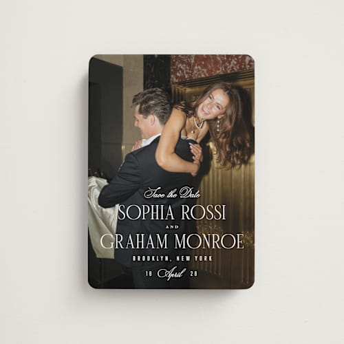 This is a quartz save the date magnets with standard by Kristie Kern called the cinema printing on magnet paper in magnet