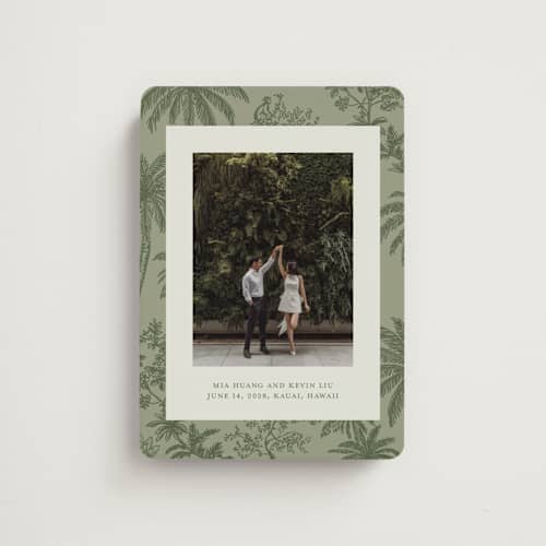 This is a jungle save the date magnets with standard by Jenna Holcomb called tropicale printing on magnet paper in magnet