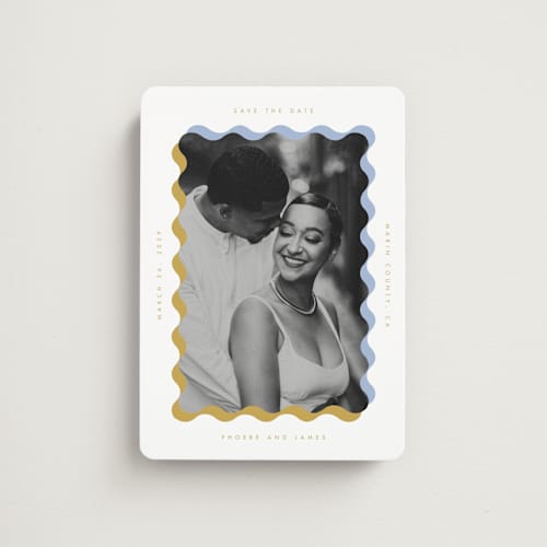 This is a aqua save the date magnets with standard by Baumbirdy called wavy frame printing on magnet paper in magnet