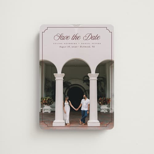 This is a cabernet save the date magnets with standard by Pink House Press called notched up printing on magnet paper in magnet