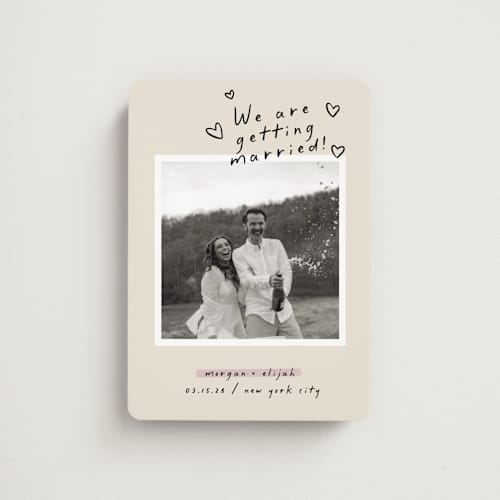 This is a nero save the date magnets with standard by Pati Cascino called surprise! printing on magnet paper in magnet