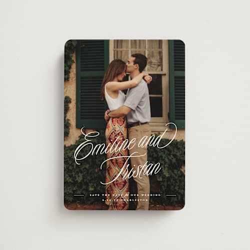 This is a cotton save the date magnets with standard by Susan Zinader called sentimental script printing on magnet paper in magnet
