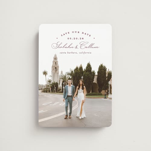 This is a bordeaux save the date magnets with standard by Erica Krystek called arched type printing on magnet paper in magnet