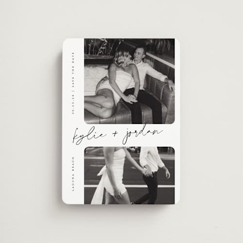 This is a snow save the date magnets with standard by Sarah Curry called signature snapshots printing on magnet paper in magnet