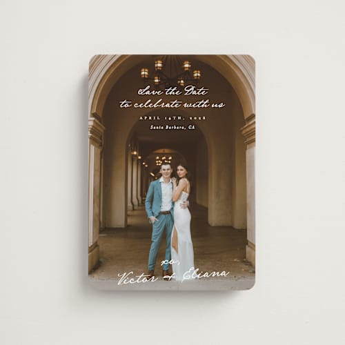 This is a ivory save the date magnets with standard by Alethea and Ruth called celebration xo printing on magnet paper in magnet