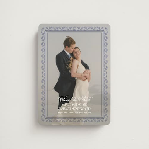 This is a cerulean save the date magnets with standard by Jenna Holcomb called embroidered printing on magnet paper in magnet