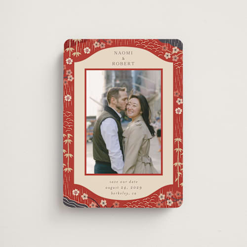 This is a rose save the date magnets with standard by Jennifer Holbrook called japanese textile printing on magnet paper in magnet