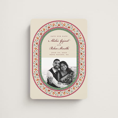 This is a ivory save the date magnets with standard by Sherley Ferreira called mughal gardens printing on magnet paper in magnet