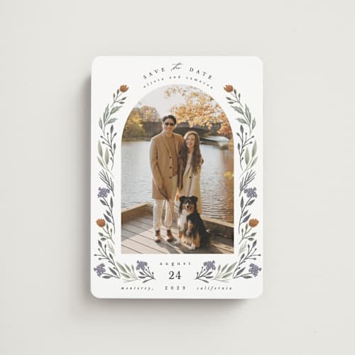 This is a rust save the date magnets with standard by Hannah Williams called floral arch printing on magnet paper in magnet
