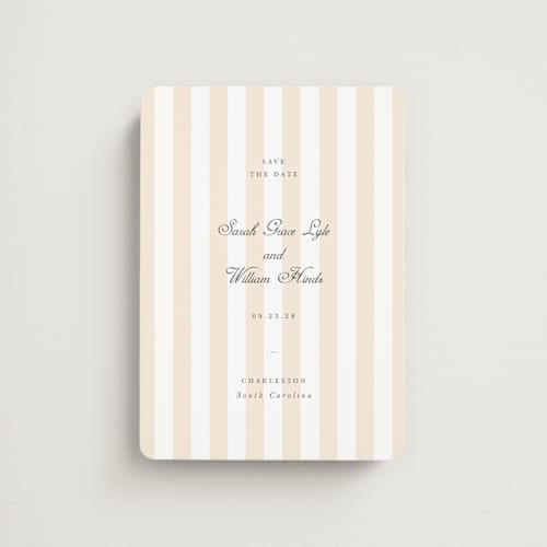 This is a peach save the date magnets with standard by Sara Hicks Malone called awning stripe printing on magnet paper in magnet