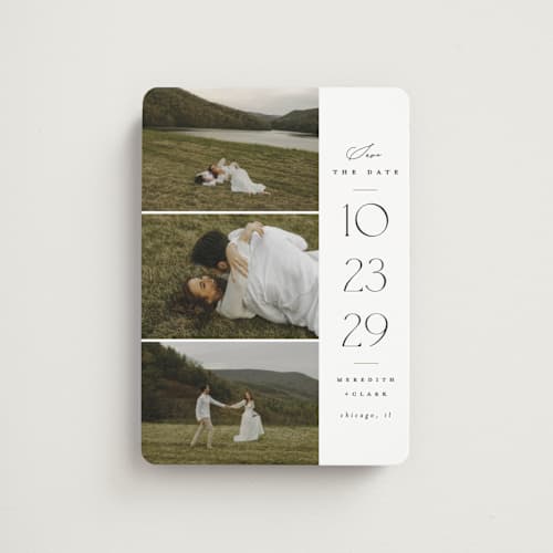 This is a cotton save the date magnets with standard by Carolyn Nicks called elegant trio printing on magnet paper in magnet