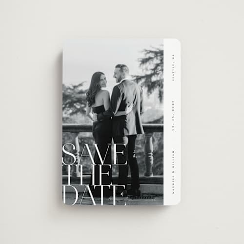 This is a pearl save the date magnets with standard by Ana de Sousa called editorial lettering printing on magnet paper in magnet