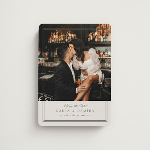 This is a linen save the date magnets with standard by Nicole Walsh called shimmer printing on magnet paper in magnet