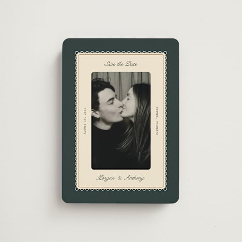 This is a emerald save the date magnets with standard by Kate Ahn called bettie printing on magnet paper in magnet