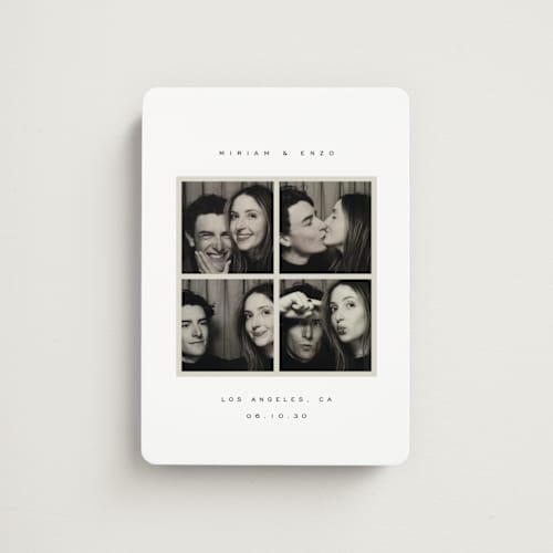 This is a powder save the date magnets with standard by Emily Sabol Goss called snapped moments printing on magnet paper in magnet