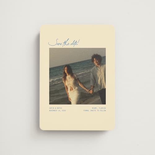 This is a beachy save the date magnets with standard by Design Lotus called the summer we said yes printing on magnet paper in magnet