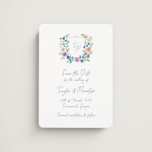 This is a lavender save the date magnets with standard by Cass Loh called wildflowers crest printing on magnet paper in magnet