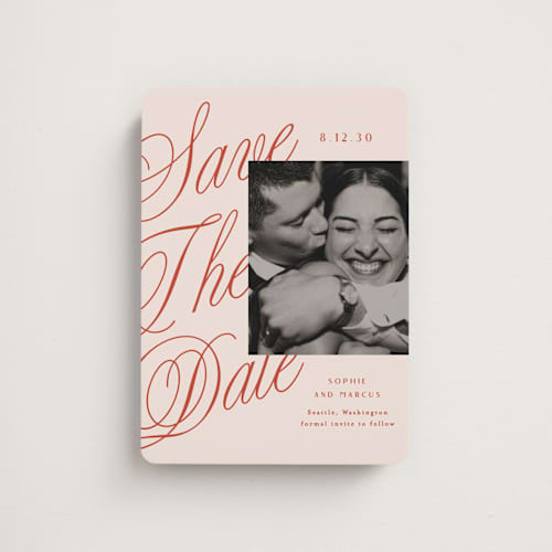 This is a cherry save the date magnets with standard by Alethea and Ruth called script overlay printing on magnet paper in magnet