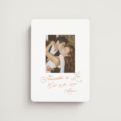This is a peach save the date magnets with standard by AK Graphics called flourishing printing on magnet paper in magnet