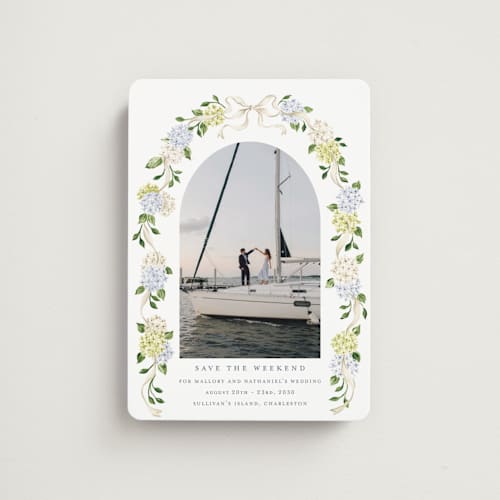 This is a coastline save the date magnets with standard by Sarah Knight called coastal hydrangea printing on magnet paper in magnet