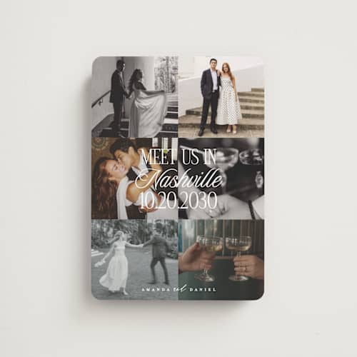 This is a chiffon save the date magnets with standard by Maria Alou called modern collage printing on magnet paper in magnet