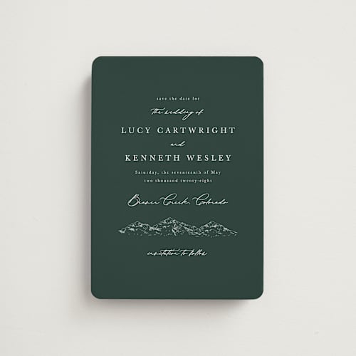 This is a evergreen save the date magnets with standard by Sarah Brown called mountainview printing on magnet paper in magnet