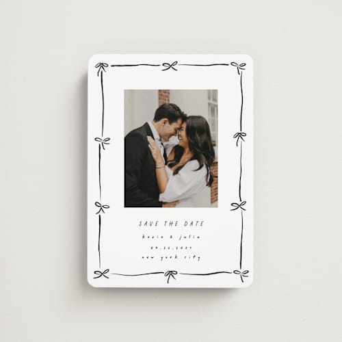This is a coal save the date magnets with standard by Susan Zinader called preppy bow border printing on magnet paper in magnet
