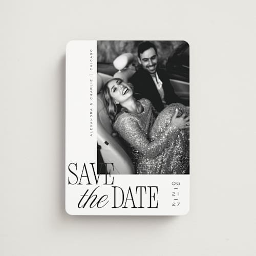 This is a pearl save the date magnets with standard by Melanie Kosuge called right side printing on magnet paper in magnet