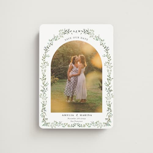 This is a mojito save the date magnets with standard by Susan Moyal called monogramed arch printing on magnet paper in magnet