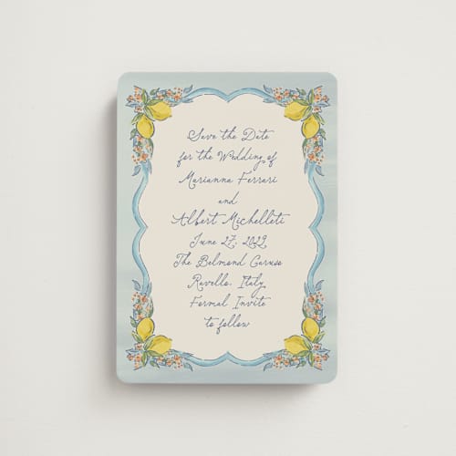 This is a aqua save the date magnets with standard by Chris Griffith called amalfi coast wedding printing on magnet paper in magnet