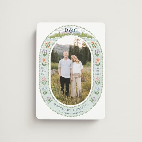 This is a pine save the date magnets with standard by Paper Sun Studio called river valley printing on magnet paper in magnet