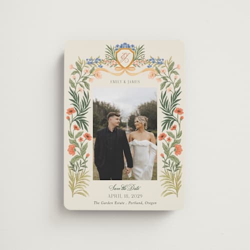 This is a garden save the date magnets with standard by Elly called garden heirloom printing on magnet paper in magnet