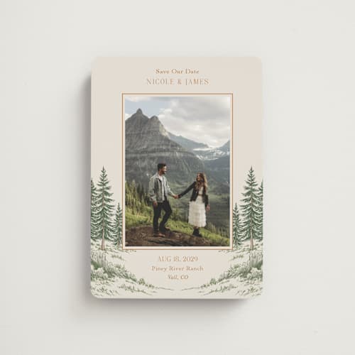 This is a forest save the date magnets with standard by Elly called whispering pines printing on magnet paper in magnet
