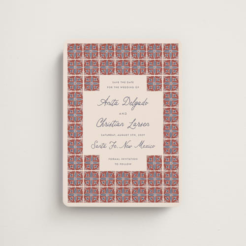This is a terracotta save the date magnets with standard by Katharine Watson called block print tile printing on magnet paper in magnet