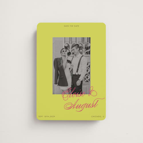 This is a flamingo save the date magnets with standard by Morgan Kendall called maximalist poppies printing on magnet paper in magnet