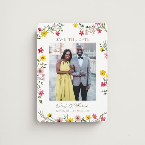 This is a peony save the date magnets with standard by Yaling Hou Suzuki called wildflower wreath printing on magnet paper in magnet