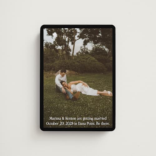 This is a coal save the date magnets with standard by Becky Nimoy called black border printing on magnet paper in magnet