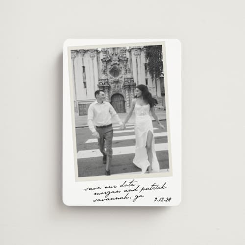 This is a ivory save the date magnets with standard by Maja Cunningham called venecia printing on magnet paper in magnet