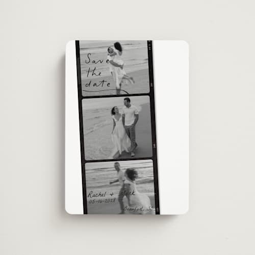 This is a onyx save the date magnets with standard by Sarah Mraz called filmstrip printing on magnet paper in magnet