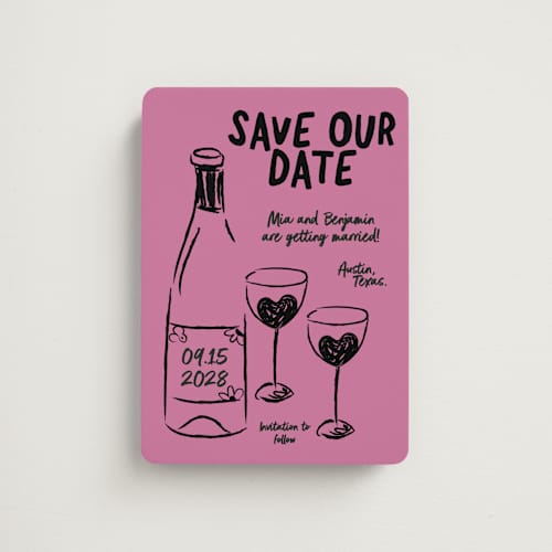 This is a pretty in pink save the date magnets with standard by Helena Vitto called heart of glass printing on magnet paper in magnet