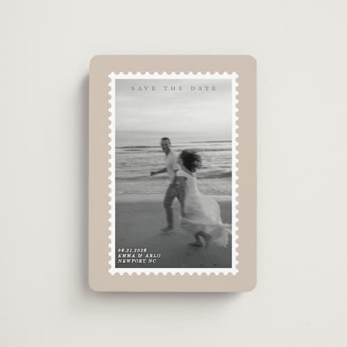 This is a taupe save the date magnets with standard by Studio Suku called stamp printing on magnet paper in magnet